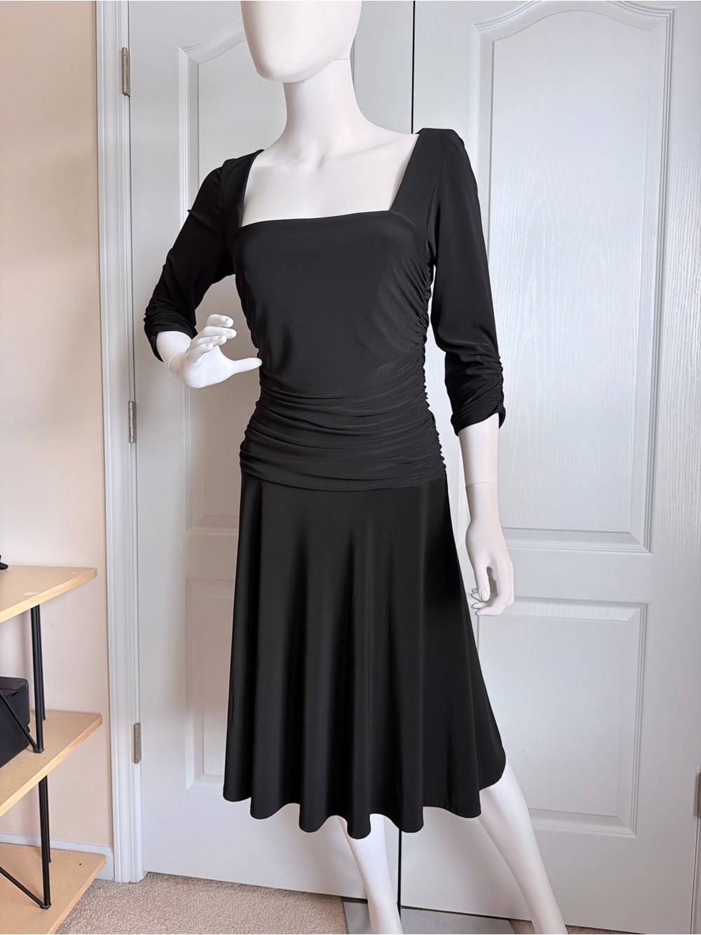 Ralph Lauren Black Square-Neck Ruched 3/4 Sleeves Midi Dress Size 6